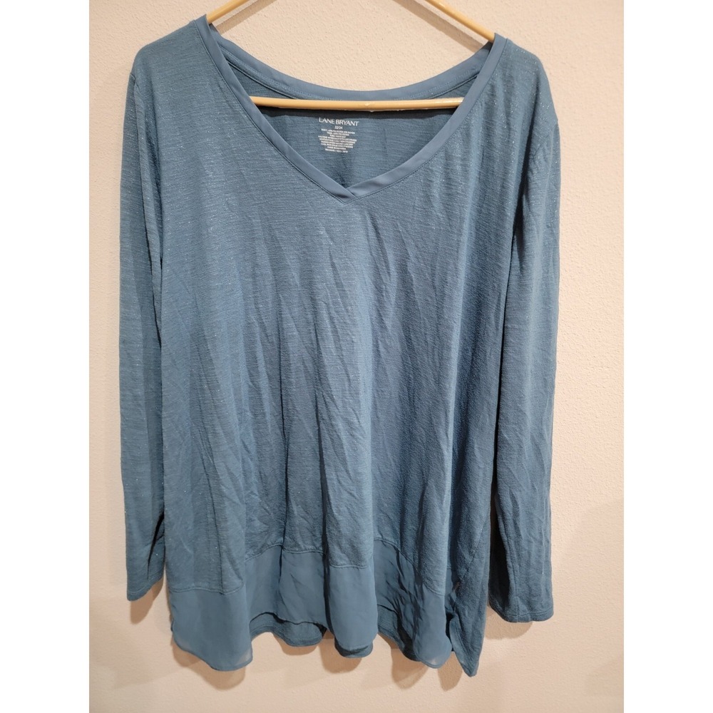 Lane Bryant Blue Long Sleeve V-Neck Pullover Knit Top Glitter Fabric Size 22/24